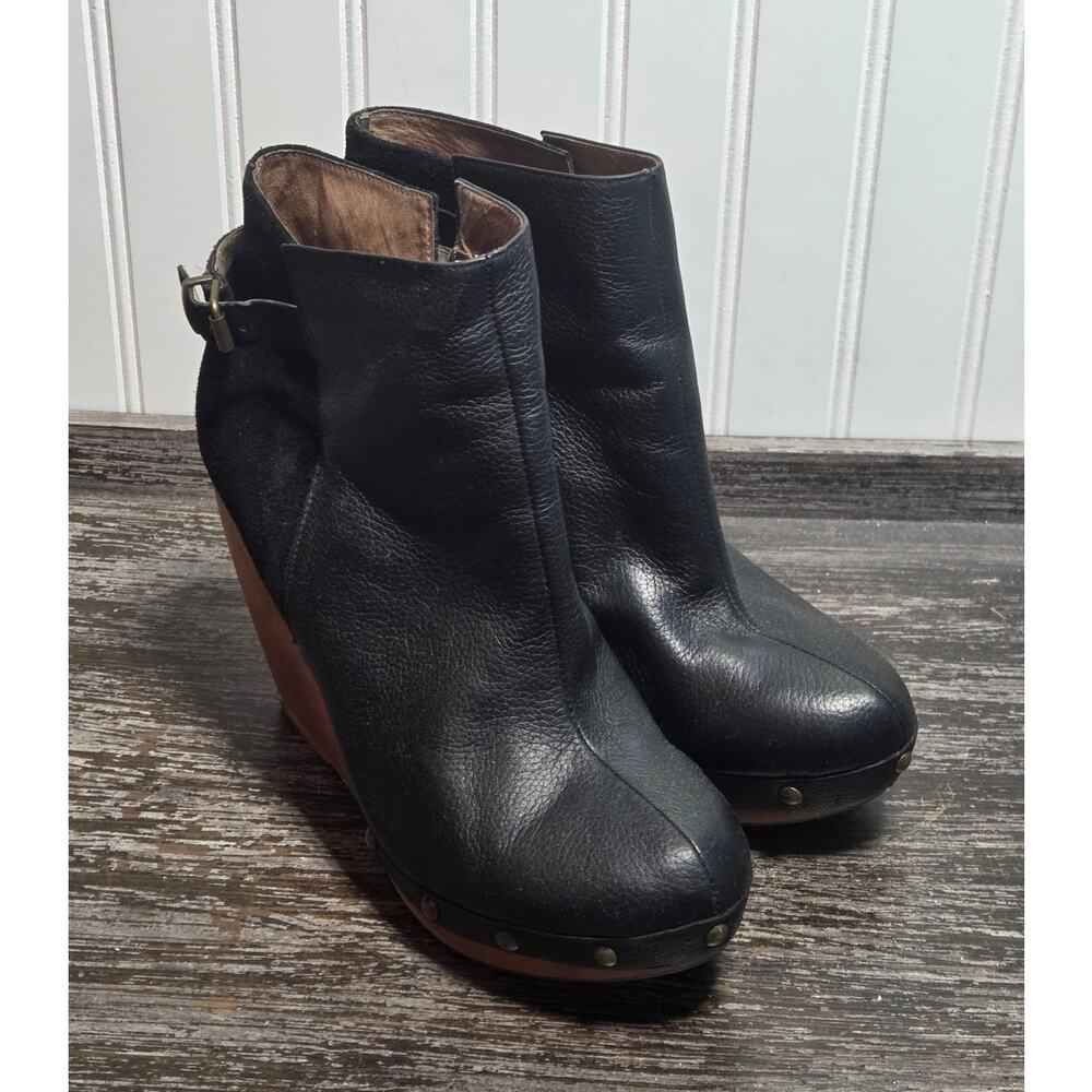 Anthropologie FIEL Women's Black Leather Wooden Wedge Heal Ankle Boots Size 9